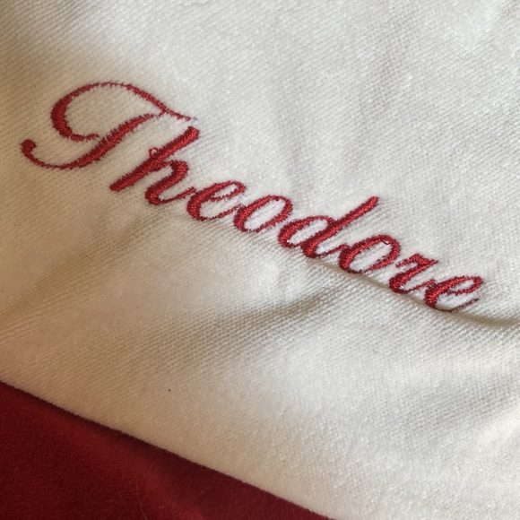 Pottery Barn Velvet Red & White Embroidered THEODORE medium Christmas Stocking - Picture 5 of 5